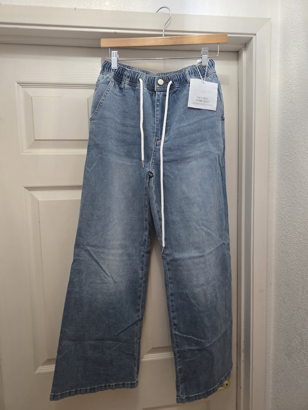 Light Blue Wide-Leg Drawstring Jeans for Women